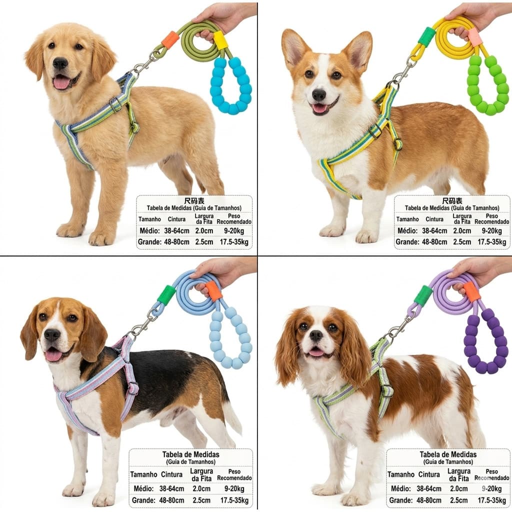 Coleira Peitoral com Guia Degradê para Cachorros e Pet O peitoral é ajustável