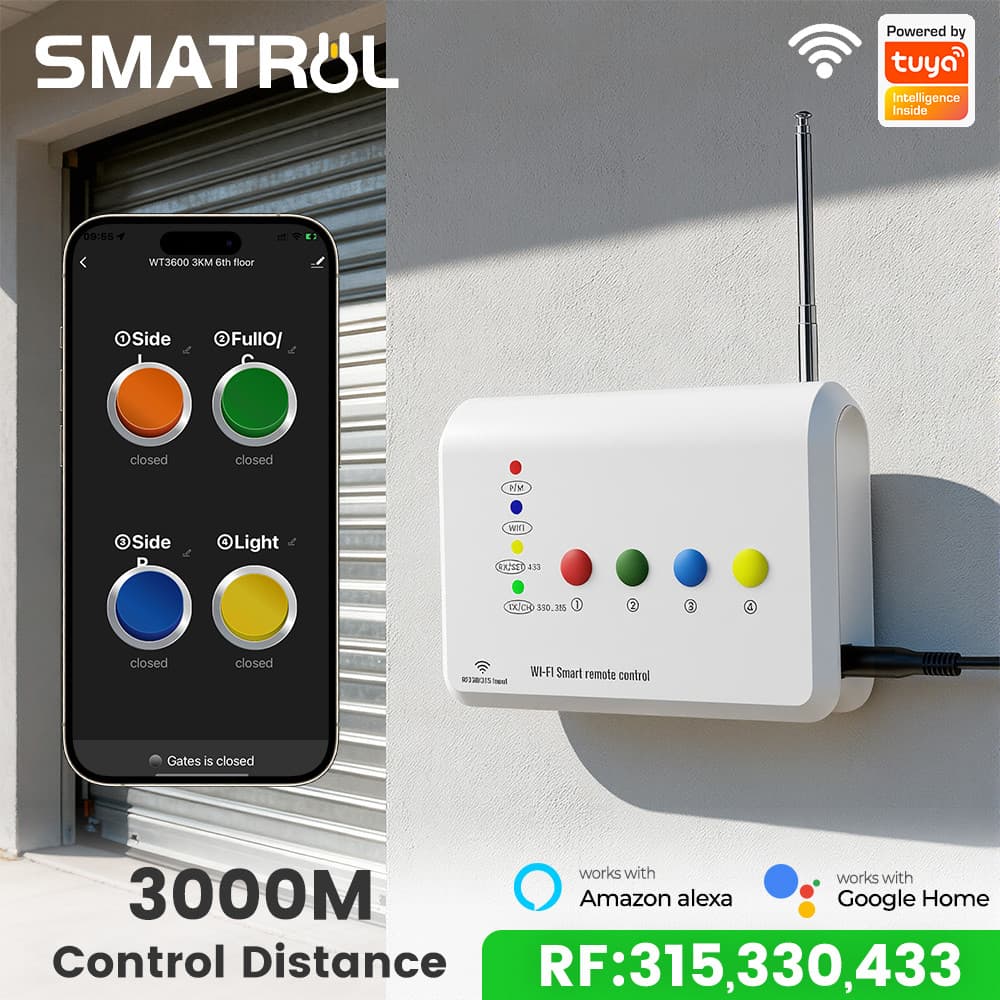 SMATRUL 3000m/6-Story Smart WiFi + Controlador RF Tuya App Controlado , Suporta 315/330/433 MHz , Adequado Para Portas D