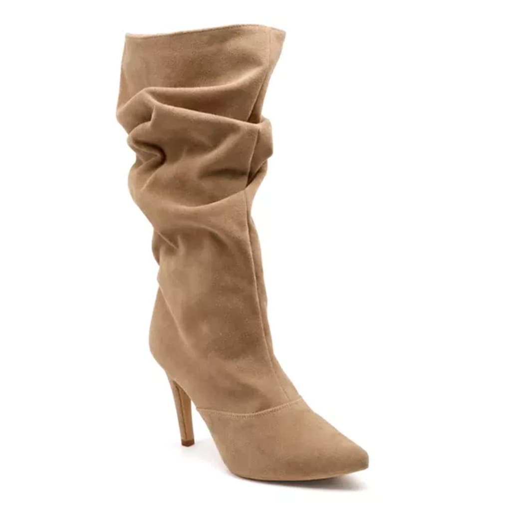 1714FPE-Bota Feminina Slouch Salto Fino Forrada Camurça Areia e Marrom