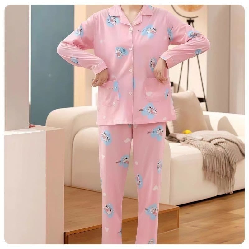 High-End 100% pijamas adequados para a pele feminino primavera outono manga comprida gola Cardigan de meia-idade você