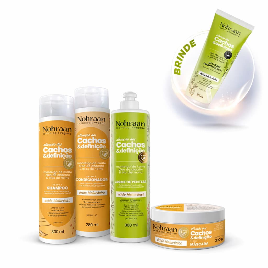Kit Linha Cachos – Shampoo + Condicionador + Máscara + Creme de Pentear Alecrim + Gelatina Alecrim de Brinde | Nohraan