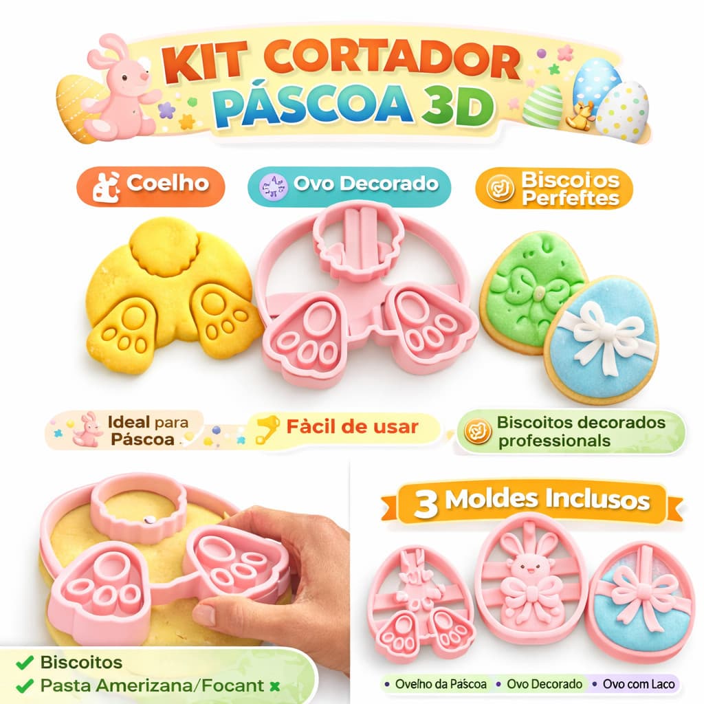 Kit Cortador  Biscoito Páscoa 3D Coelho e Ovo - Molde para Biscoito Decorado Fondant Pasta Americana Confeitaria 3 Peças