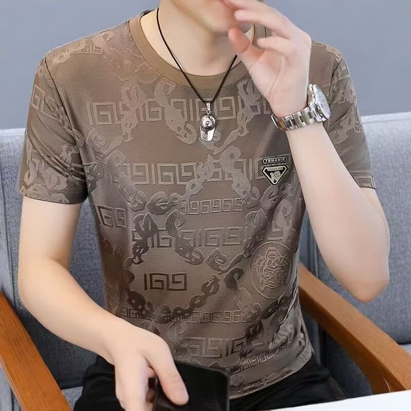 2025 verão novo estilo masculino gelo seda manga curta camiseta na moda masculina meia manga camiseta padrão escuro Jacq