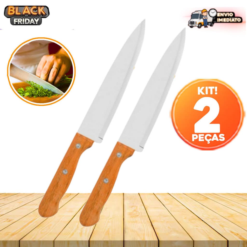 Kit 2 Facas de Cozinha Inox Profissional 30CM - 7'' do Chef com Cabo de Madeira - Ideal para Restaurante e Casa