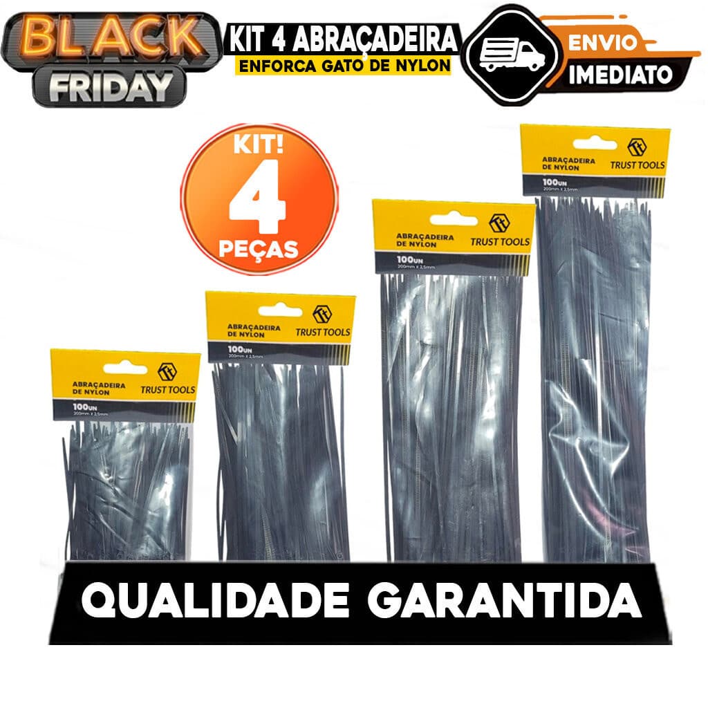 Kit 4 Abraçadeira Enforca Gato De Nylon 400 Und. Preto 100mm x 2,5mm 150mm x 2,5mm 200mm x 2,5mm 300mm x 3,5mm