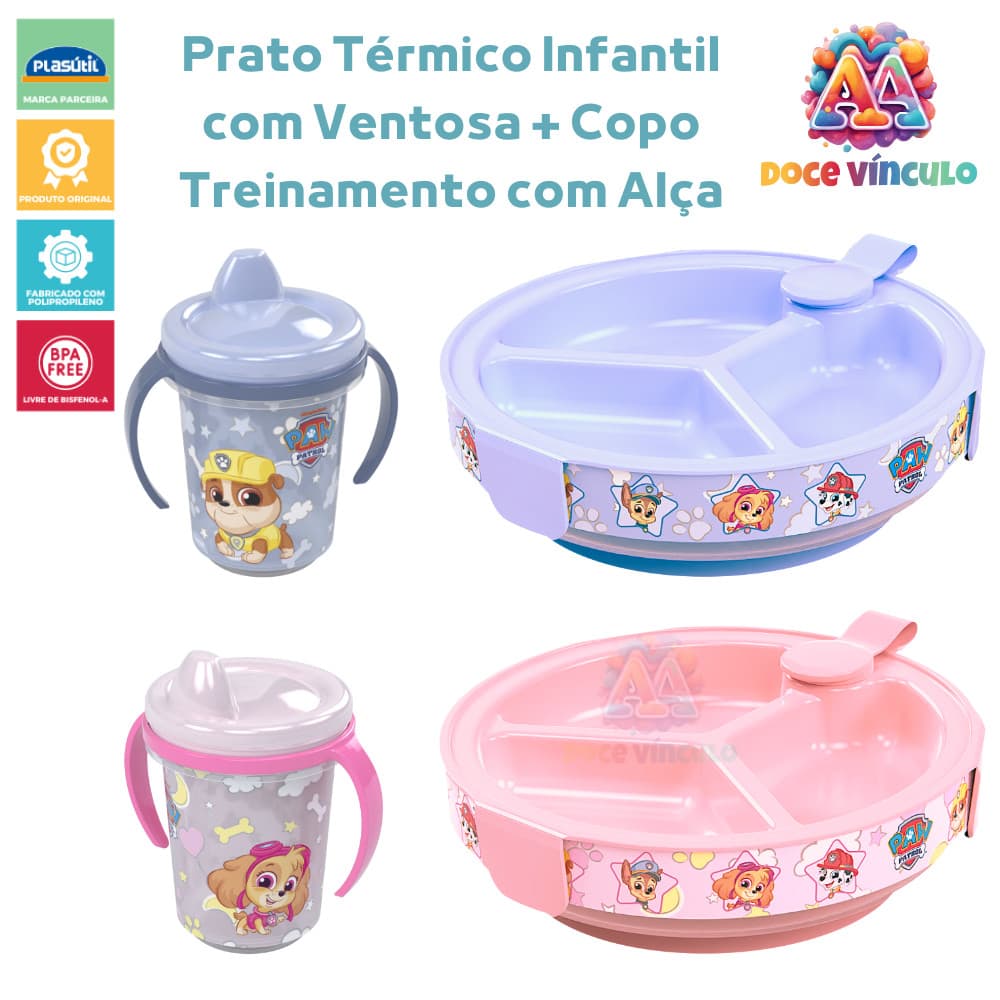 Prato Térmico Infantil com Ventosa e Copo de Treinamento Patrulha Canina Baby BPA Free