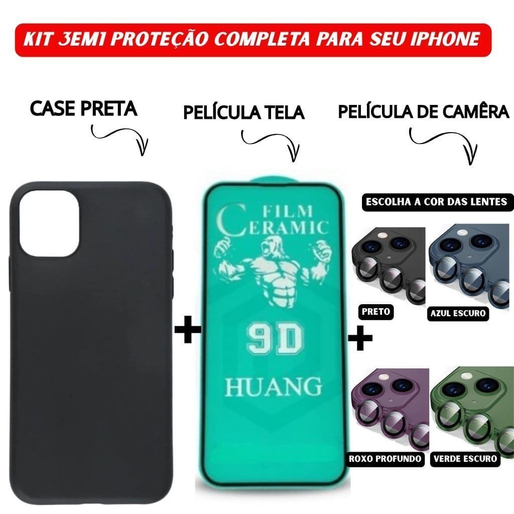 Case Preta + Película Cerâmica + Película Câmera Colorida iPhone 11 ao 16 Pro Max - Nanclares