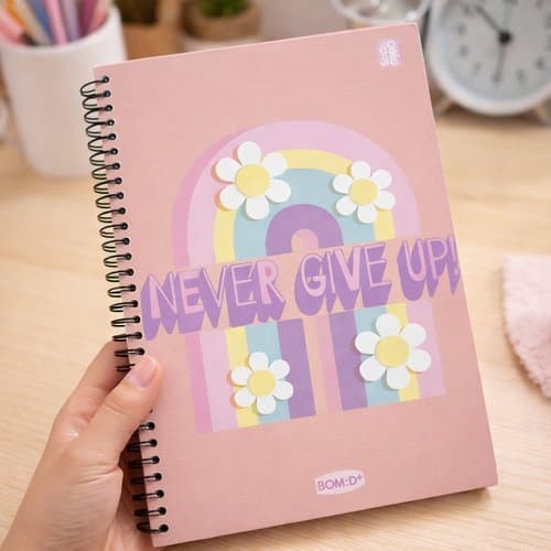 Caderno Feminino Capa Dura Inspiracao Never Give Up 80 Folhas Resistente Universitario