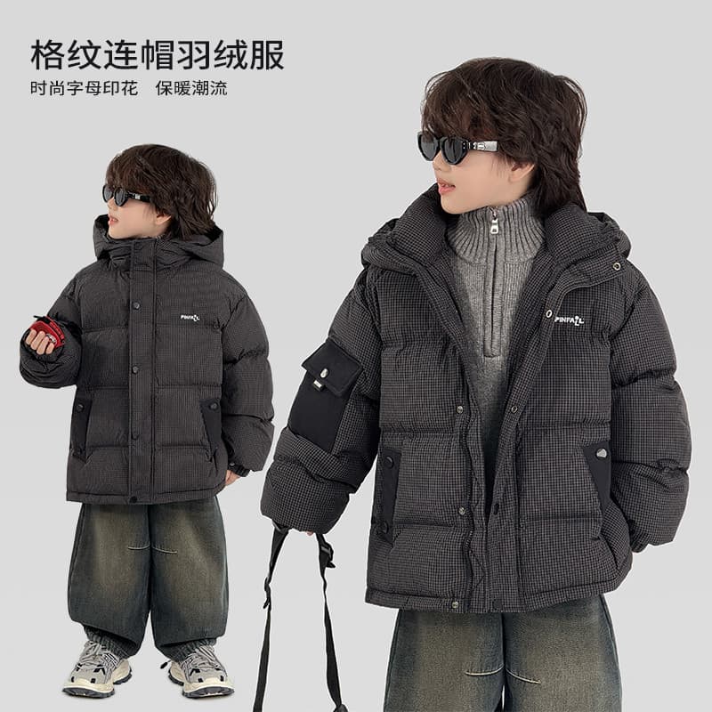 Roupas infantis 90 pato branco jaqueta para baixo meninos verificados com capuz * 38469