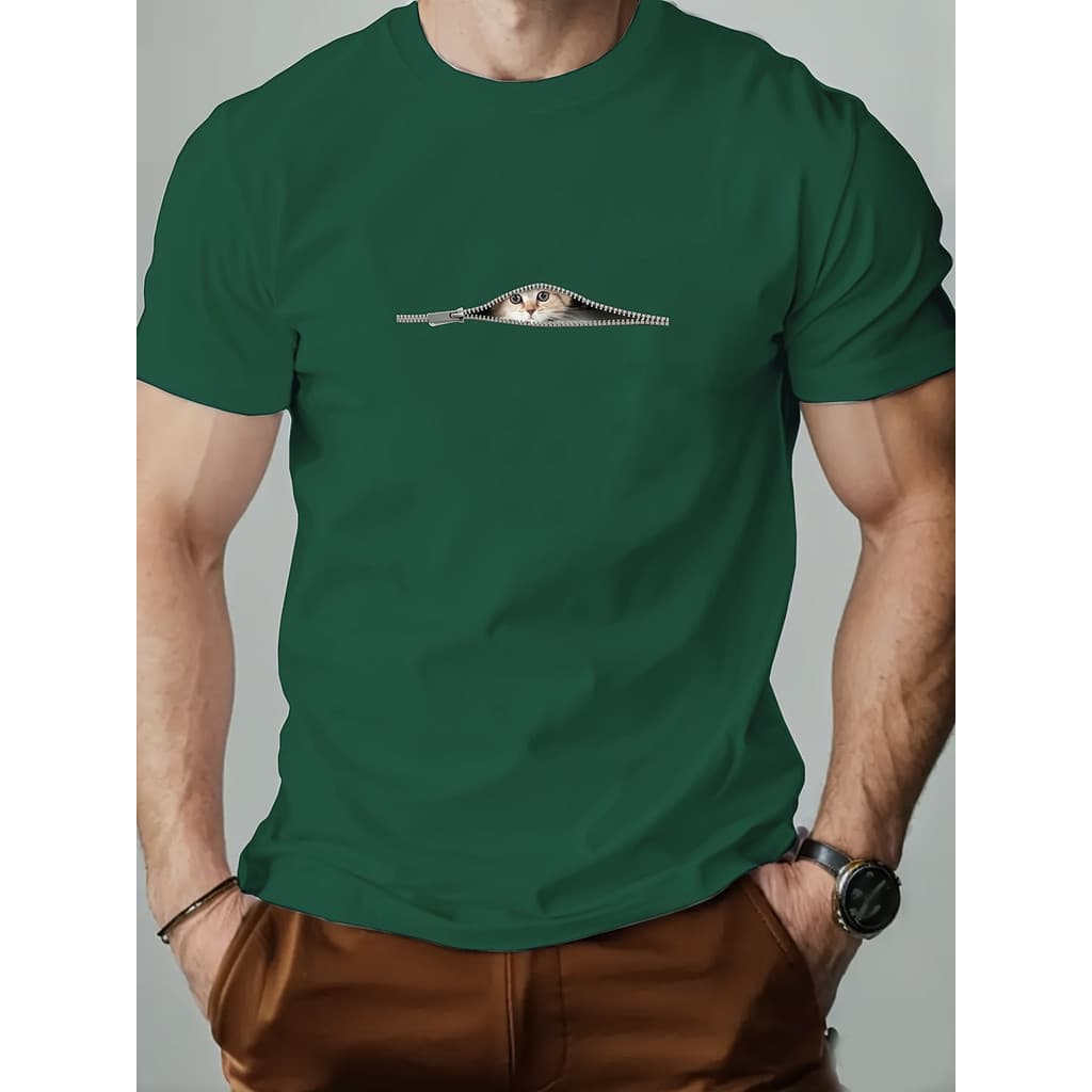 Camiseta Masculina Estampa Gato Ziper 100% Algodao Premium