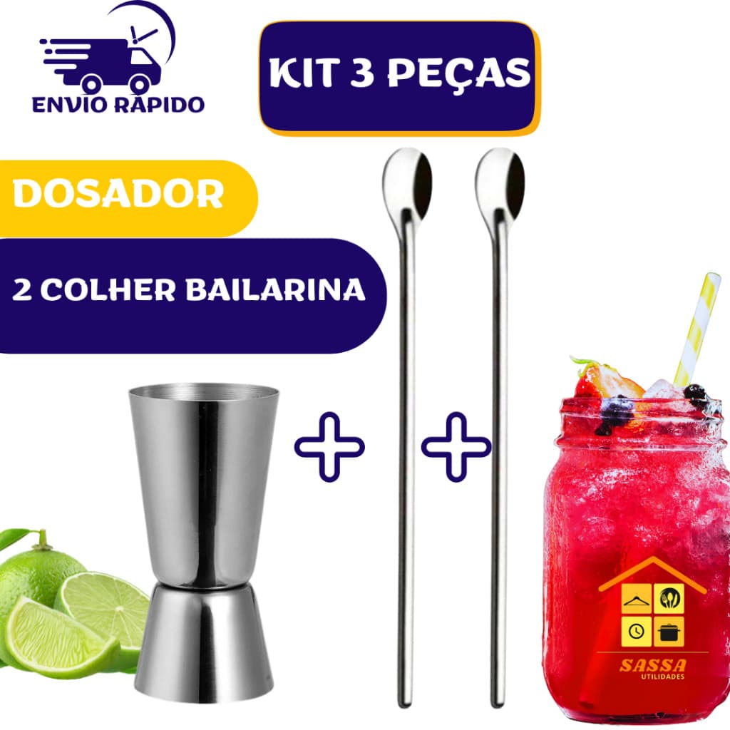 Kit 1 Dosador de Bebidas Dinks e 2 Colheres Bailarina em Aço Inox Bares Restaurantes