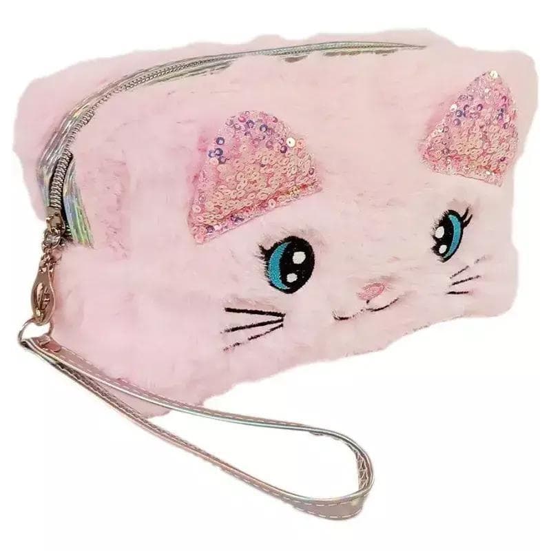 Bolsinha Estojo Necessaire Rosa Gatinho Pelúcia Fluflu Fofy Papelaria Fofa