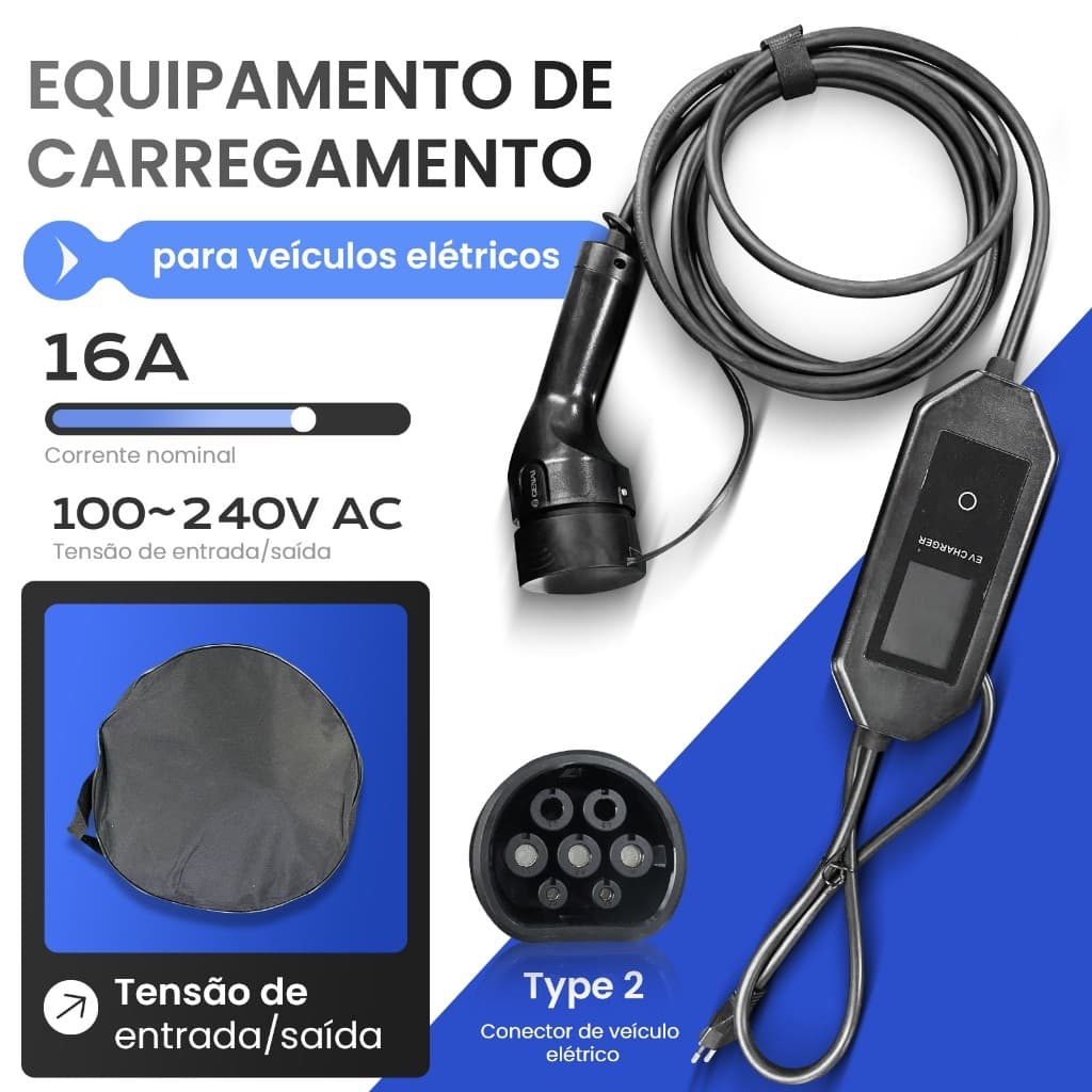 Carregador Portátil para Veículo Elétrico 16A - Conector Type 2, IP65, Cabo Flexível e Bolsa de Armazenamento Inclusa