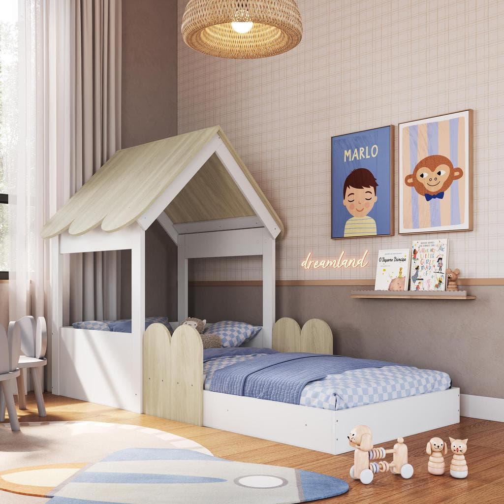 Cama Infantil Casinha Montessori com Telhado e Proteção Lateral Solteiro 188x78 em MDP