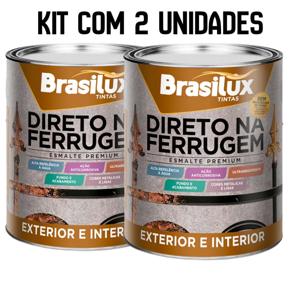 Kit 2 Tinta Direto na Ferrugem Esmalte Sintetico Para Portão Enferrujado 900ml Brasilux - Todas as Cores Disponiveis