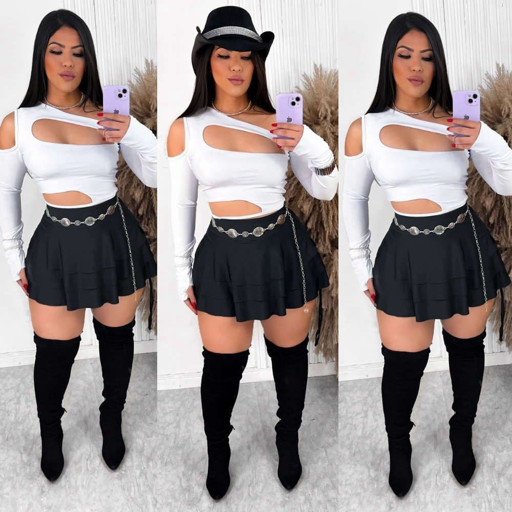 Look Completo - Acompanha o Cropped c/ Recorte e Mini Saia Babado) 2.0