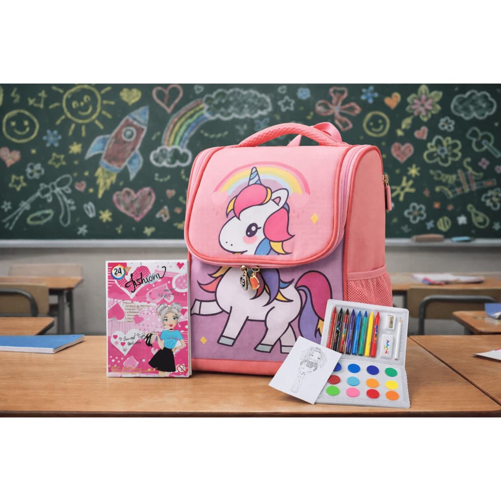 Mochila Infantil Menina Escolar Costas Unicórnio Kit Com Estojo Desenho 24 itens Tinta Giz Pincel