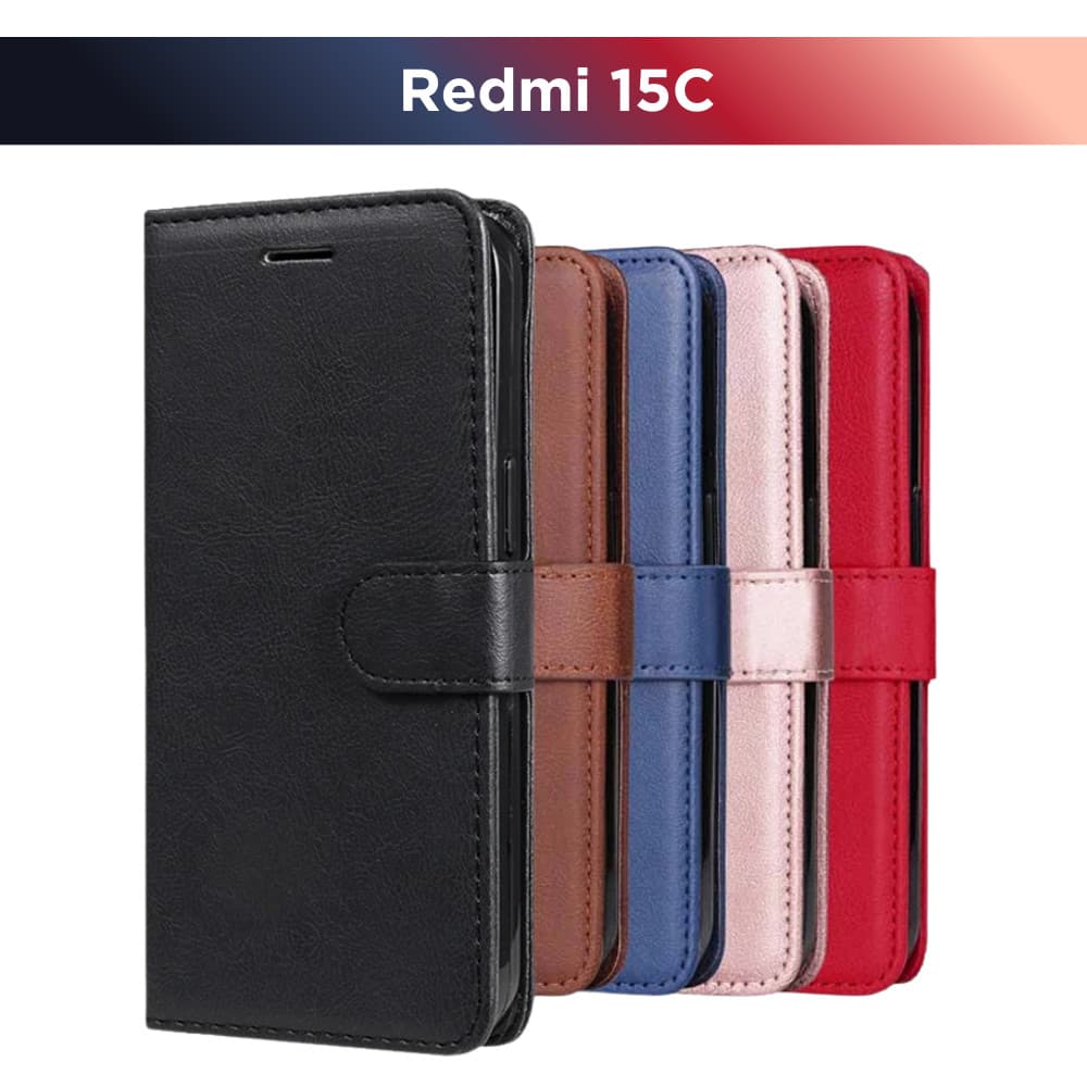 Kit Capa Carteira P/ Xiaomi Redmi 15C - Couro Sintético Case Capinha e Película 3D Vidro ou Hidrogel