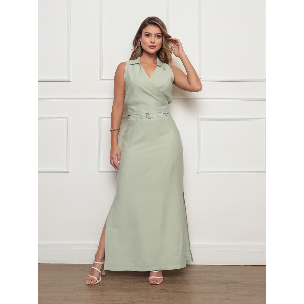 DUOUNO - CONJUNTO ELEGANTE FEMININO BLUSA REGATA SAIA MIDI TECIDO MARANTE COM CINTO BLUSAS SAIAS