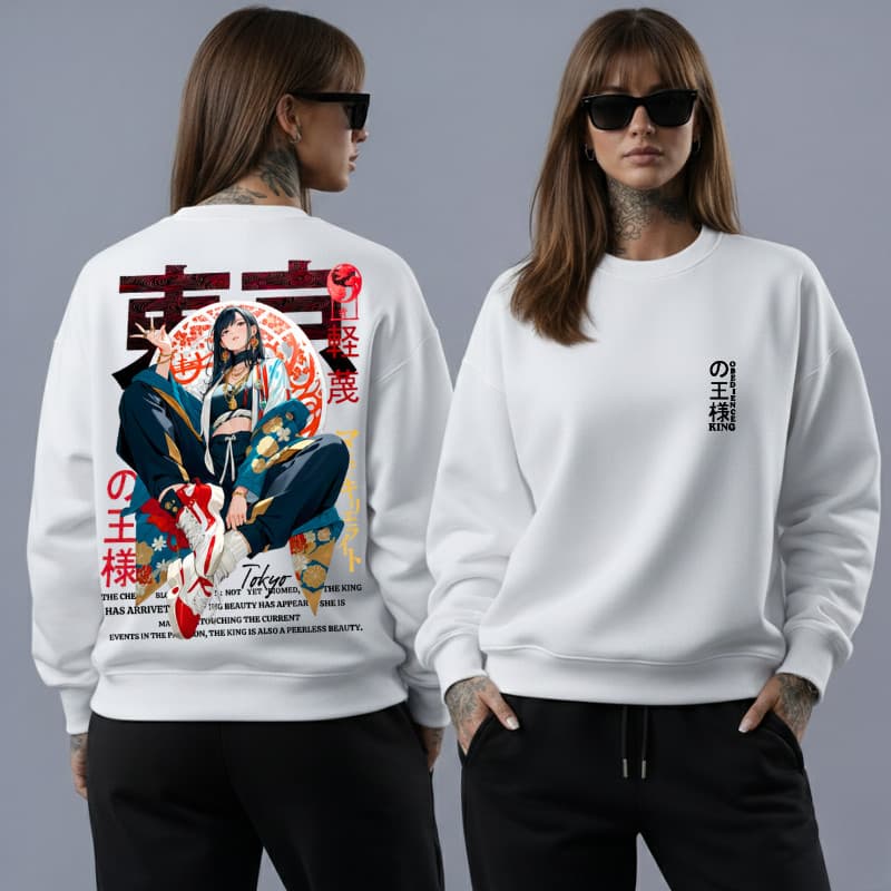 Moletom Feminino Sem Capuz Estampa Oriental Japonesa Streetwear