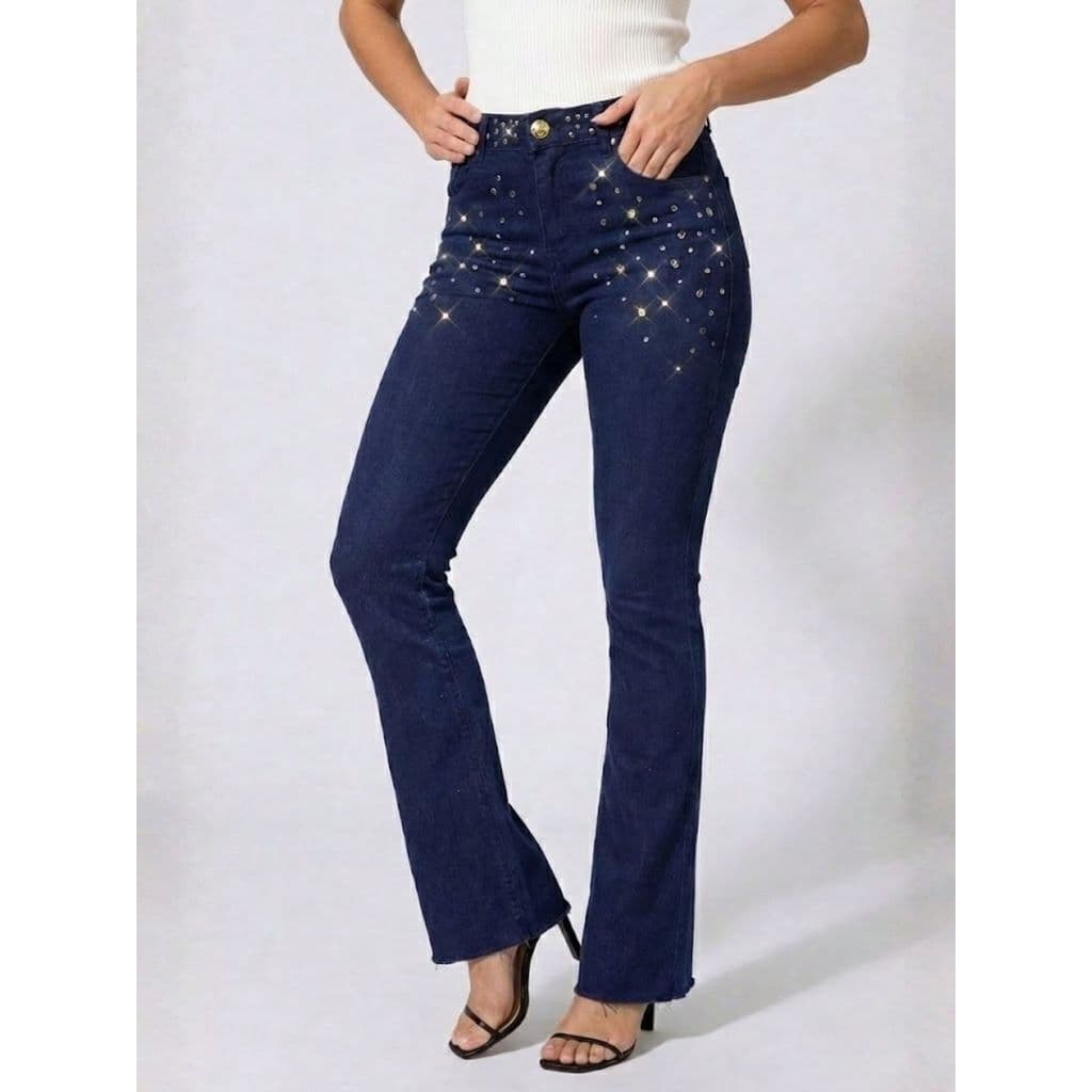 Calça Feminina Flare Jeans com Cós de Strass e Pedraria Mix Premium Calça Jeans Feminina Flare Boca de Sino