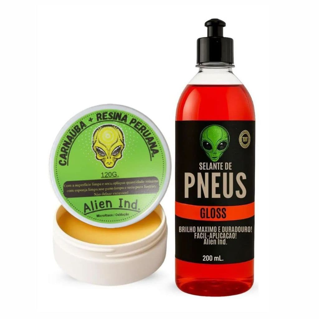 Cera Alien Lataria e Revitalizador Pneu Borracha Carro Moto Não Sai Com Água Brilho Molhado Alto Rendimento 200Ml