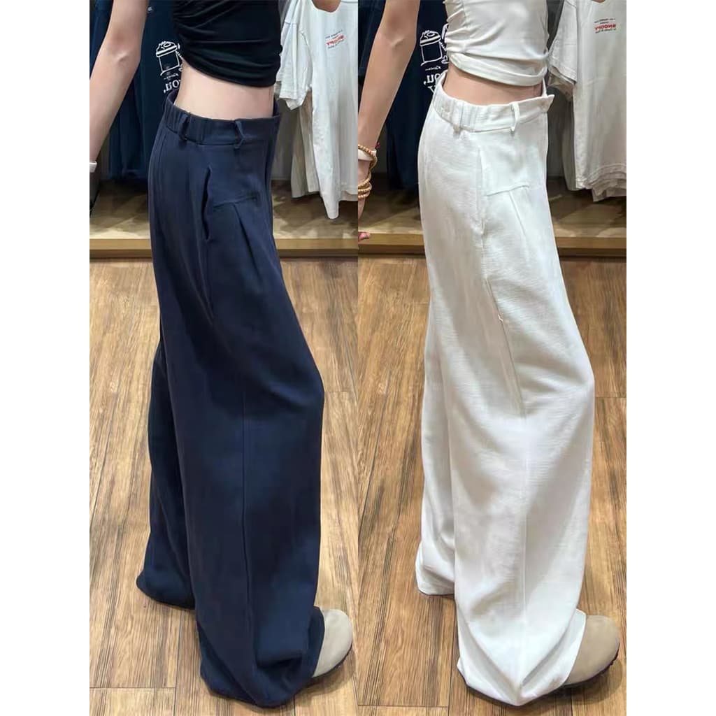 Calças largas de linho azul marinho femininas verão 2025 novo estilo cintura alta estilo dinheiro antigo algodão linho r