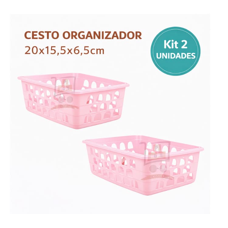 Kit 2 Cesto Organizador Multiuso Médio Rosa 20x15,5x6,5cm Armario Gaveta Geladeira Banheiro Cozinha Lavandeira
