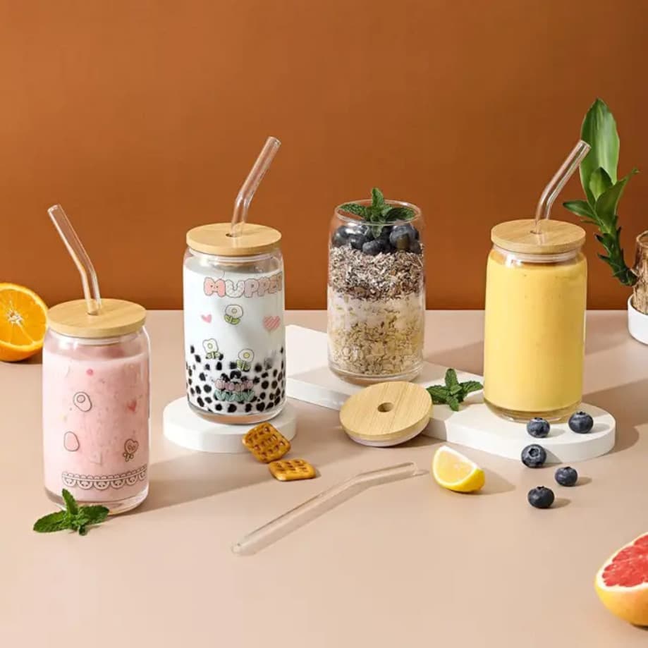 Copo Lata 500ml Com Tampa Bambu E Canudo Vidro Suco Drinks