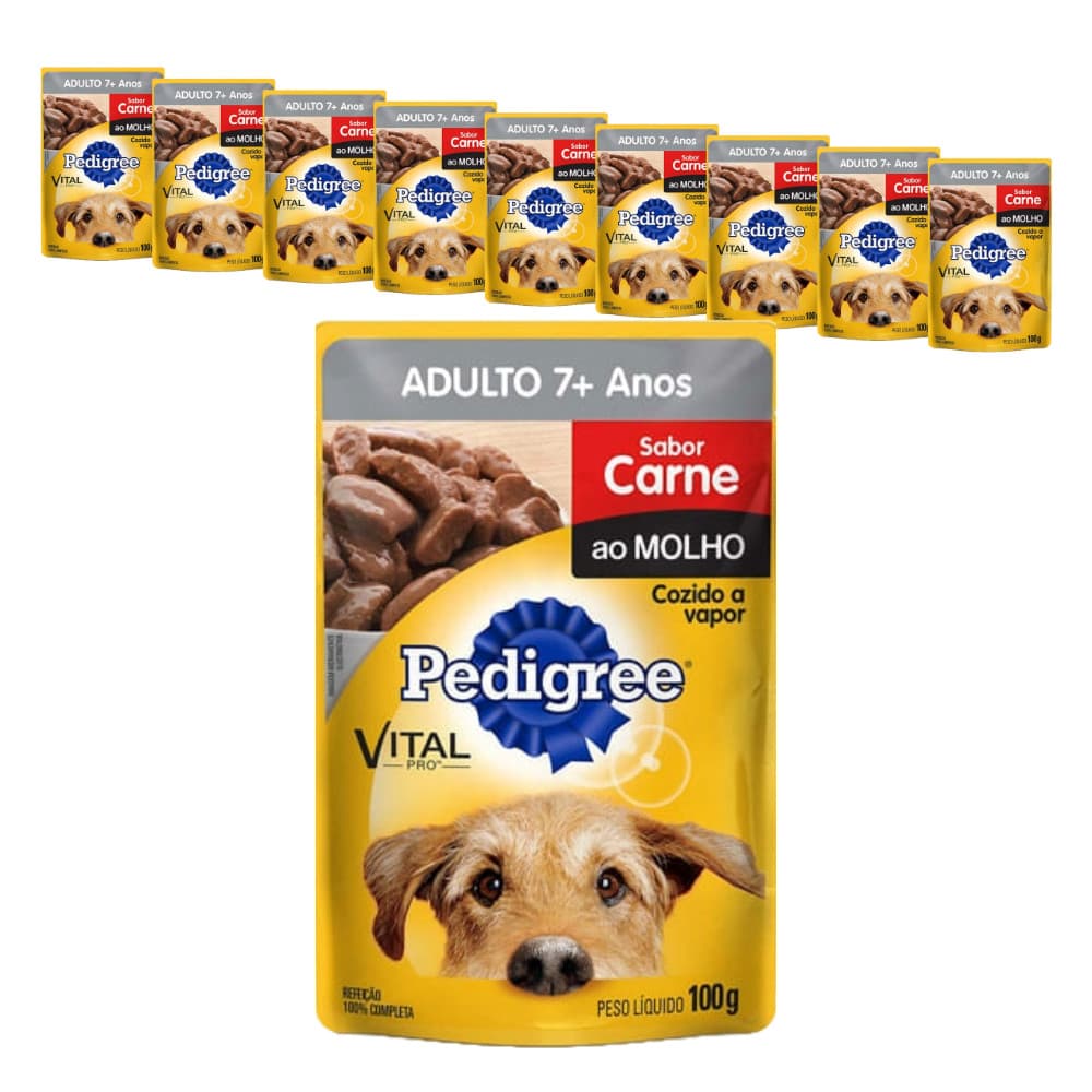 Ração Úmida Pedigree Sachê Cães Adultos Sênior 7+ Anos sabor Carne ao Molho - 100g - KIT 10 unids.