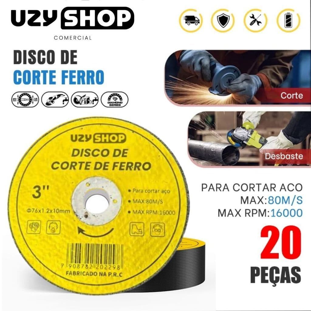 Kit 20 Discos Corte Ferro 76mm Amarelo Esmerilhadeira Velocidade 80 m/s Profissional Completo