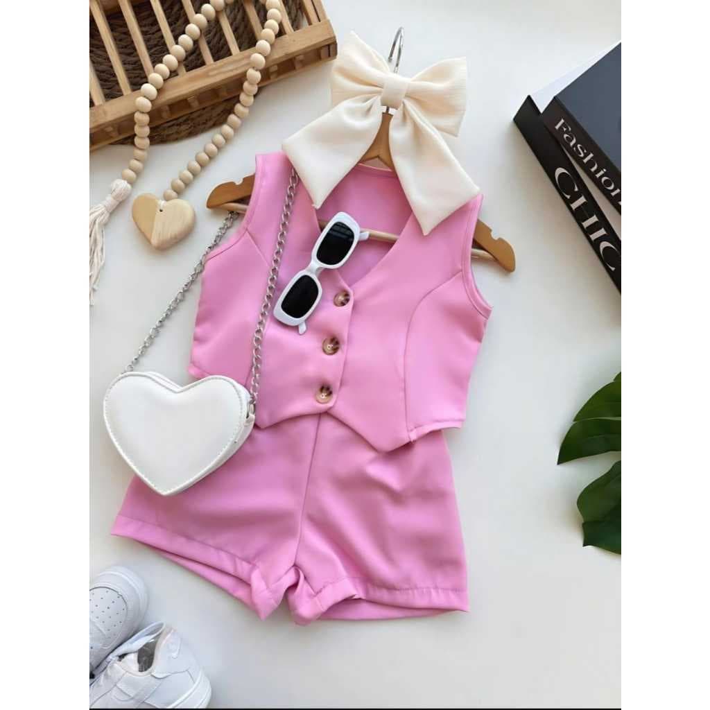 Conjunto Infantil Menina Alfaiataria Blusa Colete e Short Elástico com Bolso Moda Festa