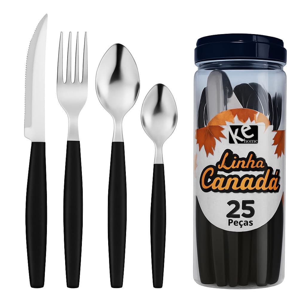 Kit de Talheres Canadá 25 Peças C/ Pote Preto Colher Faca Garfo Cozinha