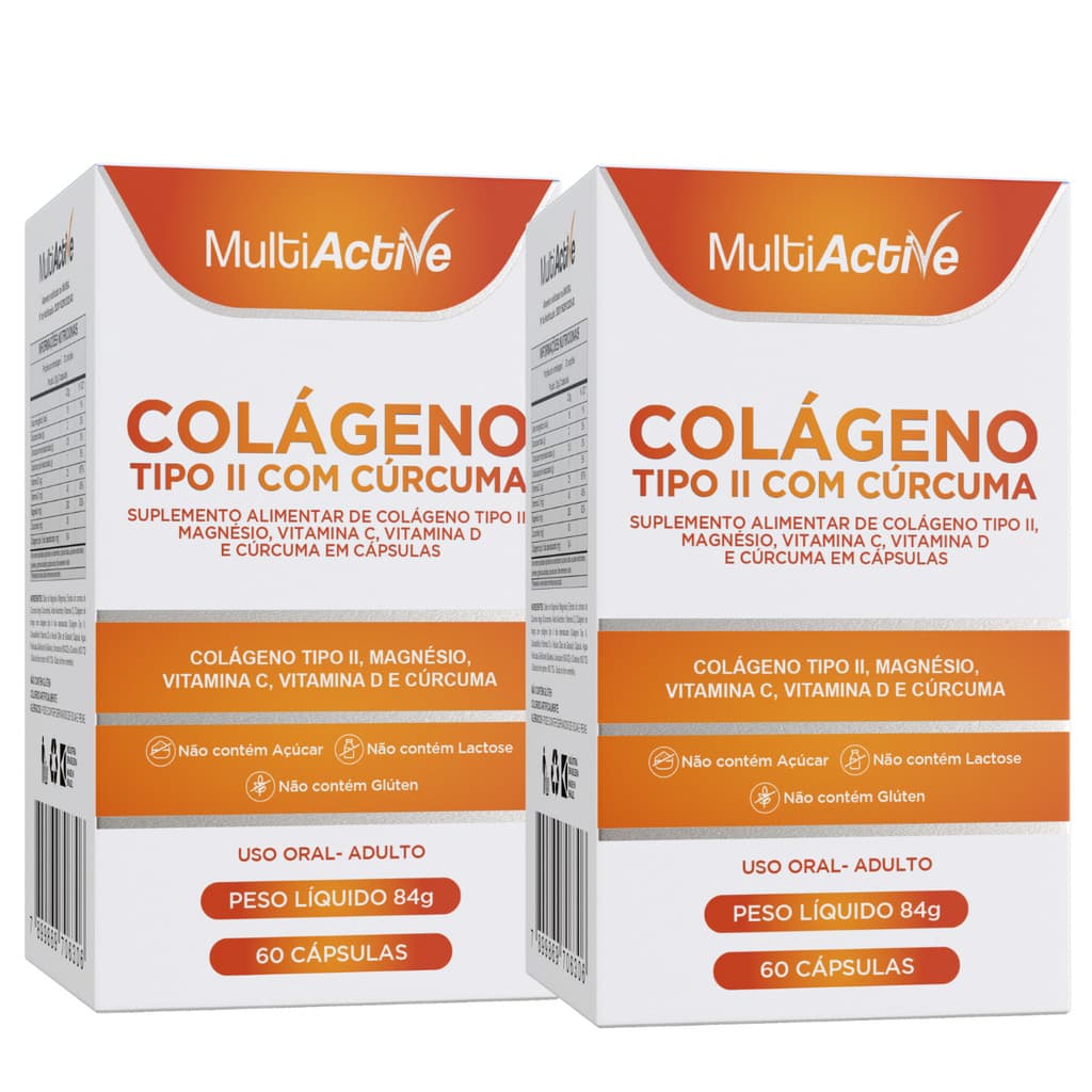 Colageno Tipo 2 nao desnaturado kit 2cx Multiactive 40mg Magnesio Curcuma Vitamina C D Articulações