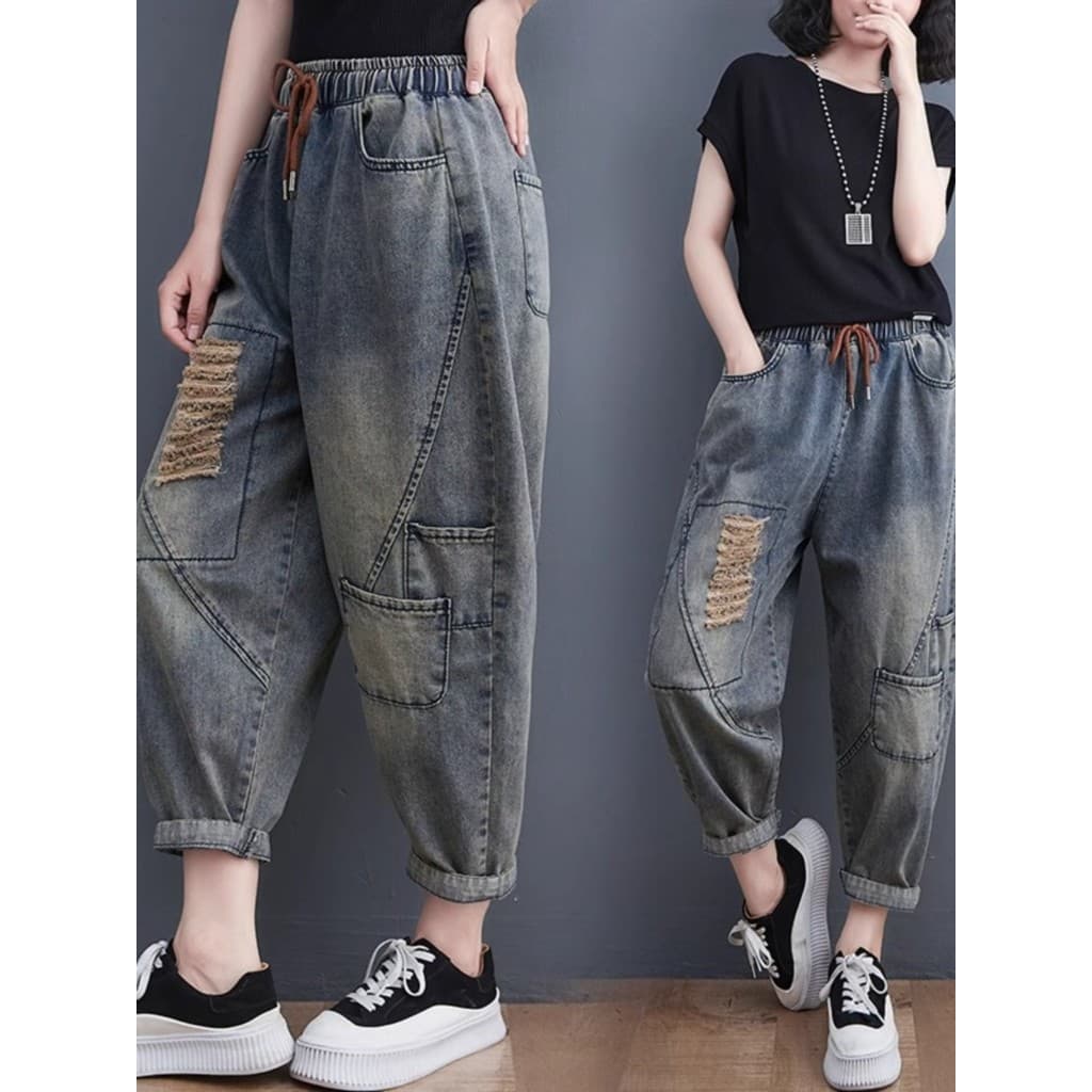 Tamanho grande gordura mm outono novo estilo fosco branco rasgado Jeans feminino All-Match cintura elástica rendas mais