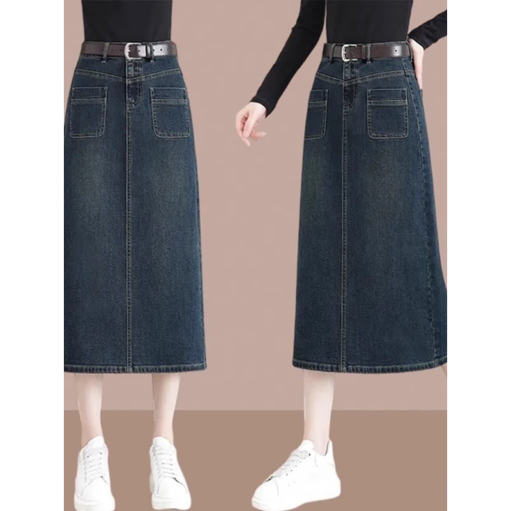 Saia jeans 2025 primavera outono novo estilo cintura alta Drape fenda A linha saia de comprimento médio senhoras saia qu