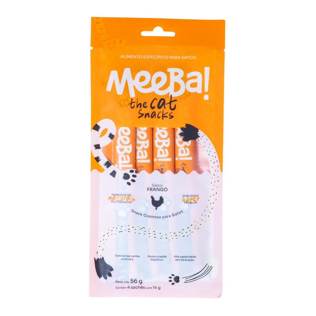 Snack Úmido para Gatos Hidratação Petisco Premium Filhotes Frango Meeba 4 Sachês