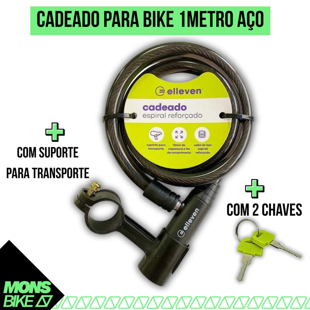Cadeado Para Bike Espiral Elleven Aço Com Chave 1 Metro X 12mm Preto