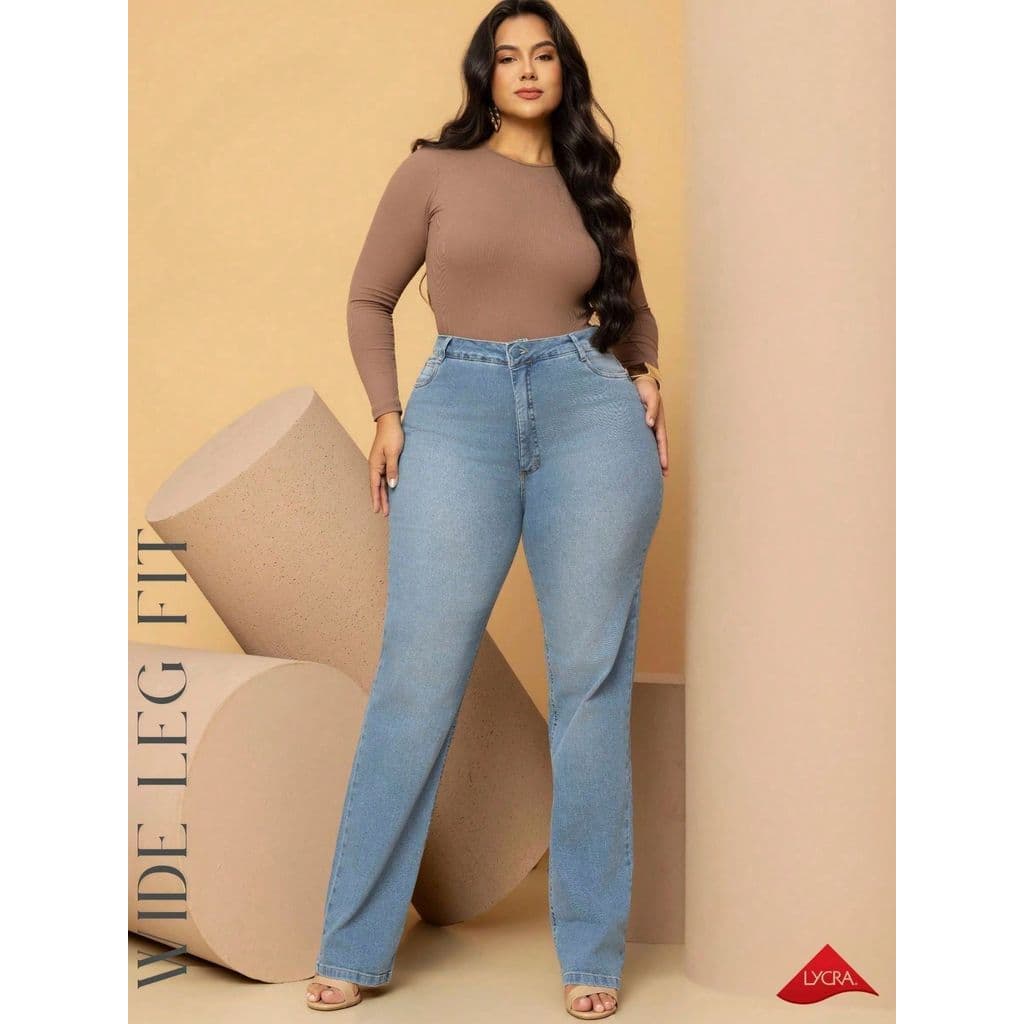 Calça Reta Plus Size Jeans Estilo Wide Leg Fit Modela Cintura Alta Lavagem Média
