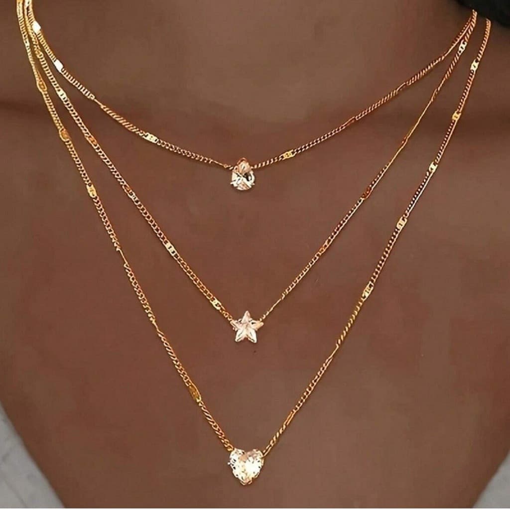 Boho Multi-Camada Strass Banhado A Ouro Corrente Pingente Colar Feminino Moda Jóias Presente