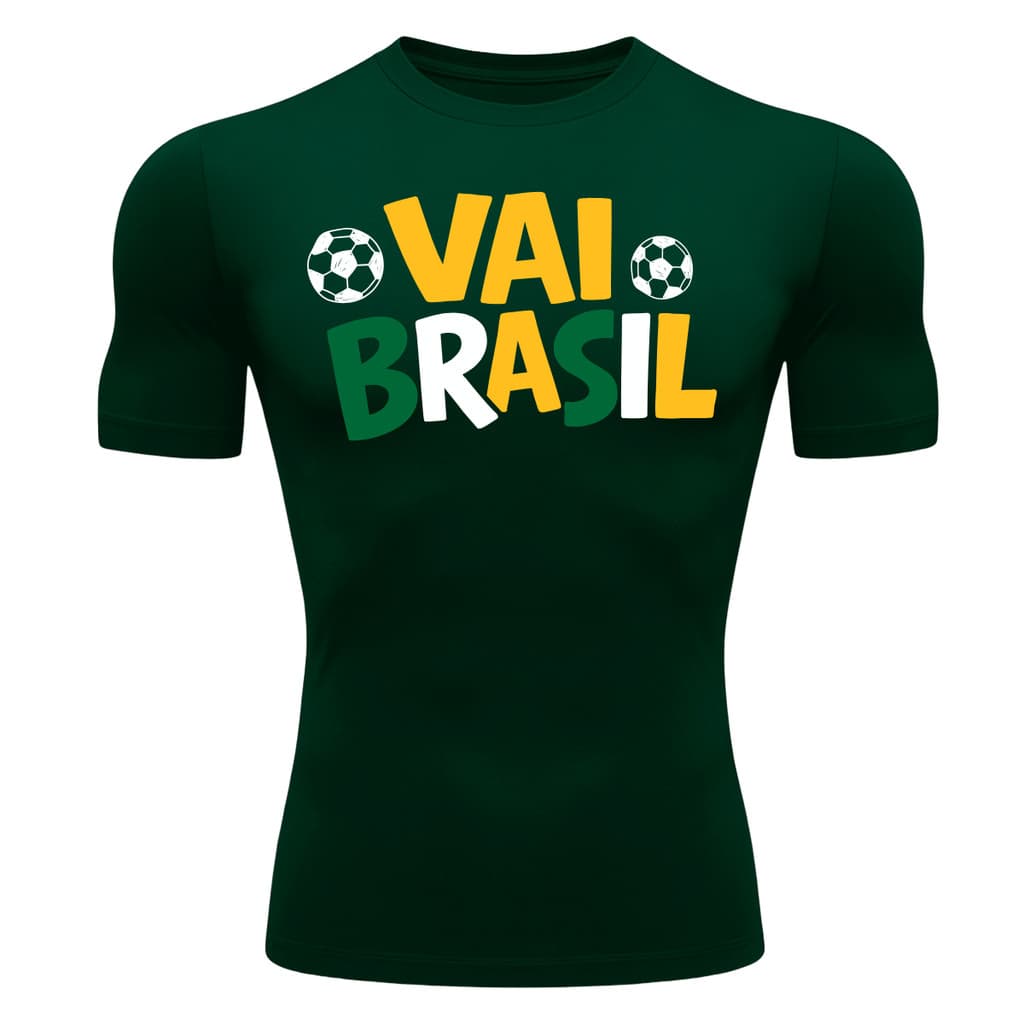 Camiseta Compressão Estampa Vai Brasil Masculina Manga Curta Proteção UV Térmica Segunda Pele