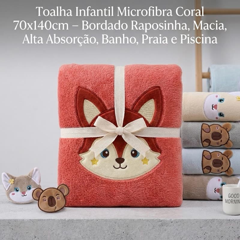 Toalha de Banho Infantil Microfibra Premium Macia Bordado Raposinha capivara Secagem Rápida Praia Piscina Menino Menina