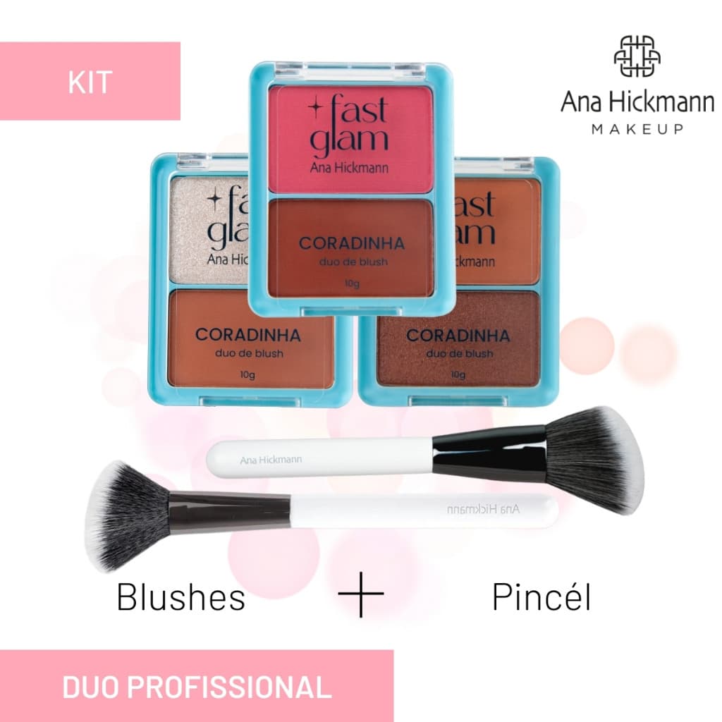 Kit Blush Duo + Pincel de Blush Vegano Ana Hickmann Coradinha Fast Glam