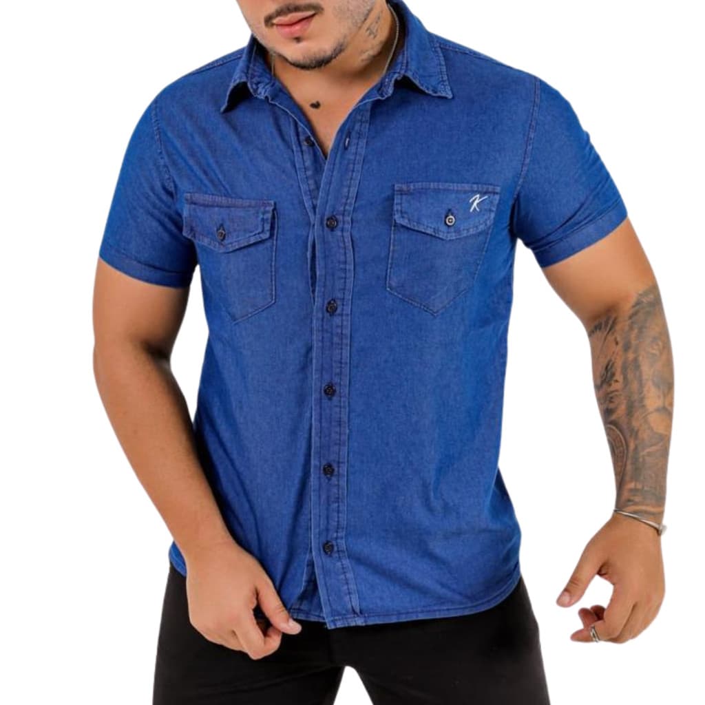 Camisa Jeans Masculina Manga Curta com Bolso Bahia Moda