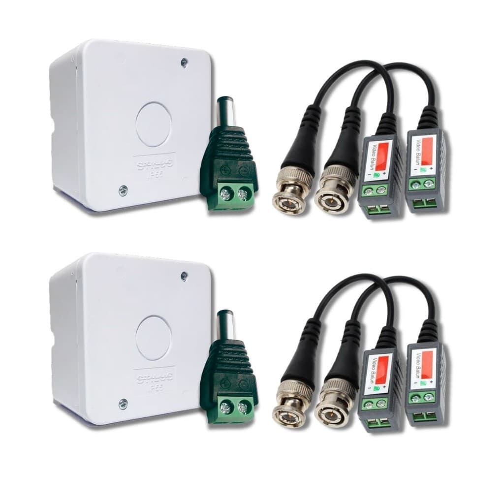KIT 2 Caixas Proteção Simples Branca + 2 Conectores P4 Macho + 2 Pares de Vídeo Balun Parafuso