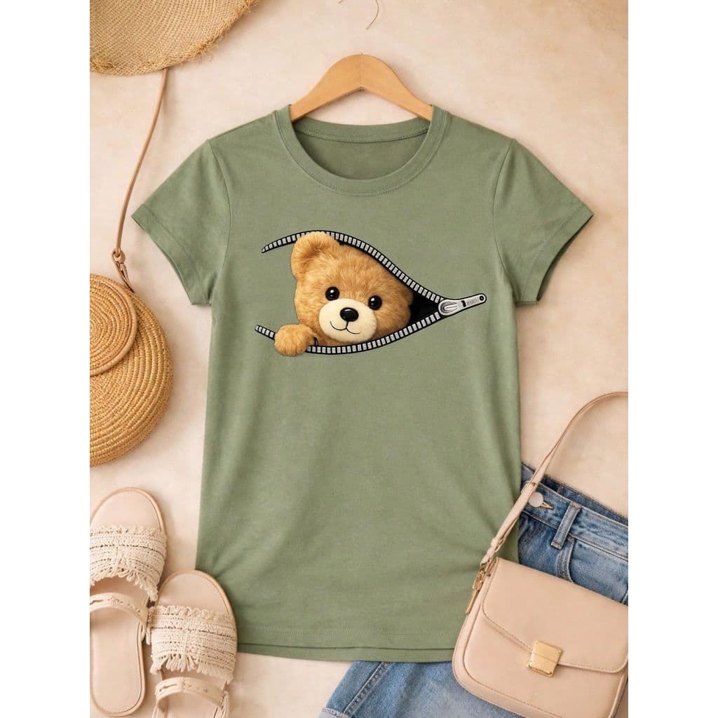 Camiseta Feminina 100% Algodão Ursinho 3D | Estampa Fofa Zíper | Blusa Casual  P ao GG