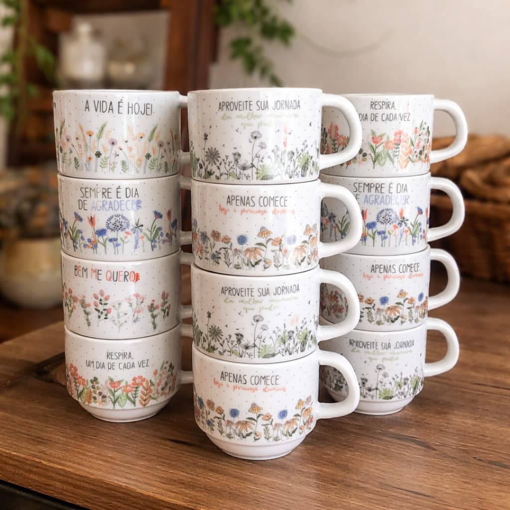 Kit 4 Xícaras Empilháveis 200ml Porcelana | Xícara Café Chá | Jogo de Xícaras Decoradas | Presente