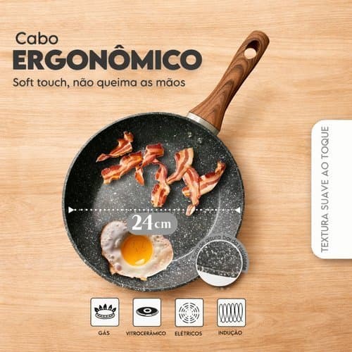 Frigideira Antiaderente 24cm Indução Alumínio Stone Revestimento Durável Cabo Madeira