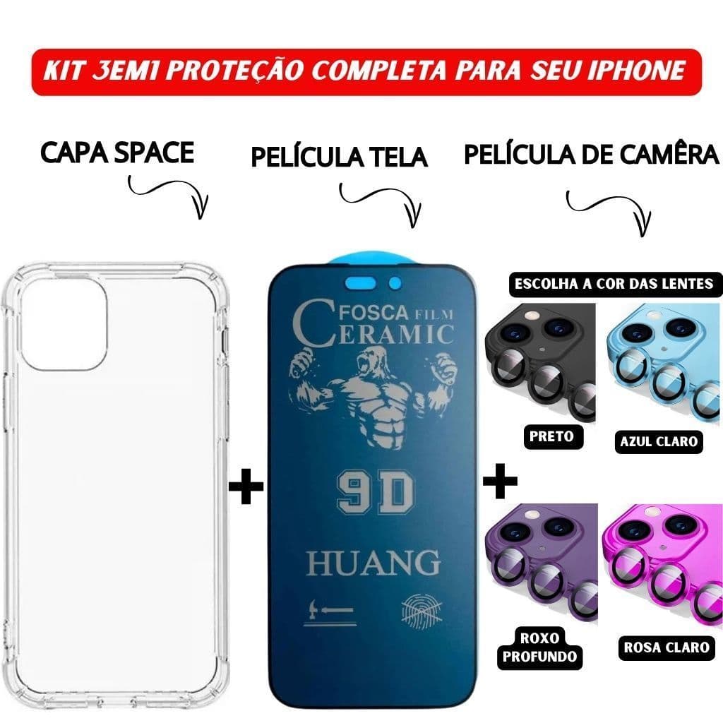 Kit 3em1 Capa Space + Película Cerâmica Fosca Privacidade + Película Câmera Colorida iPhone 12 13 14 16 Pro Max - KaLRo
