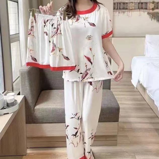 Pijamas femininos leite seda Shorts de manga curta conjunto de três peças solto tamanho grande alto valor pode usar fora